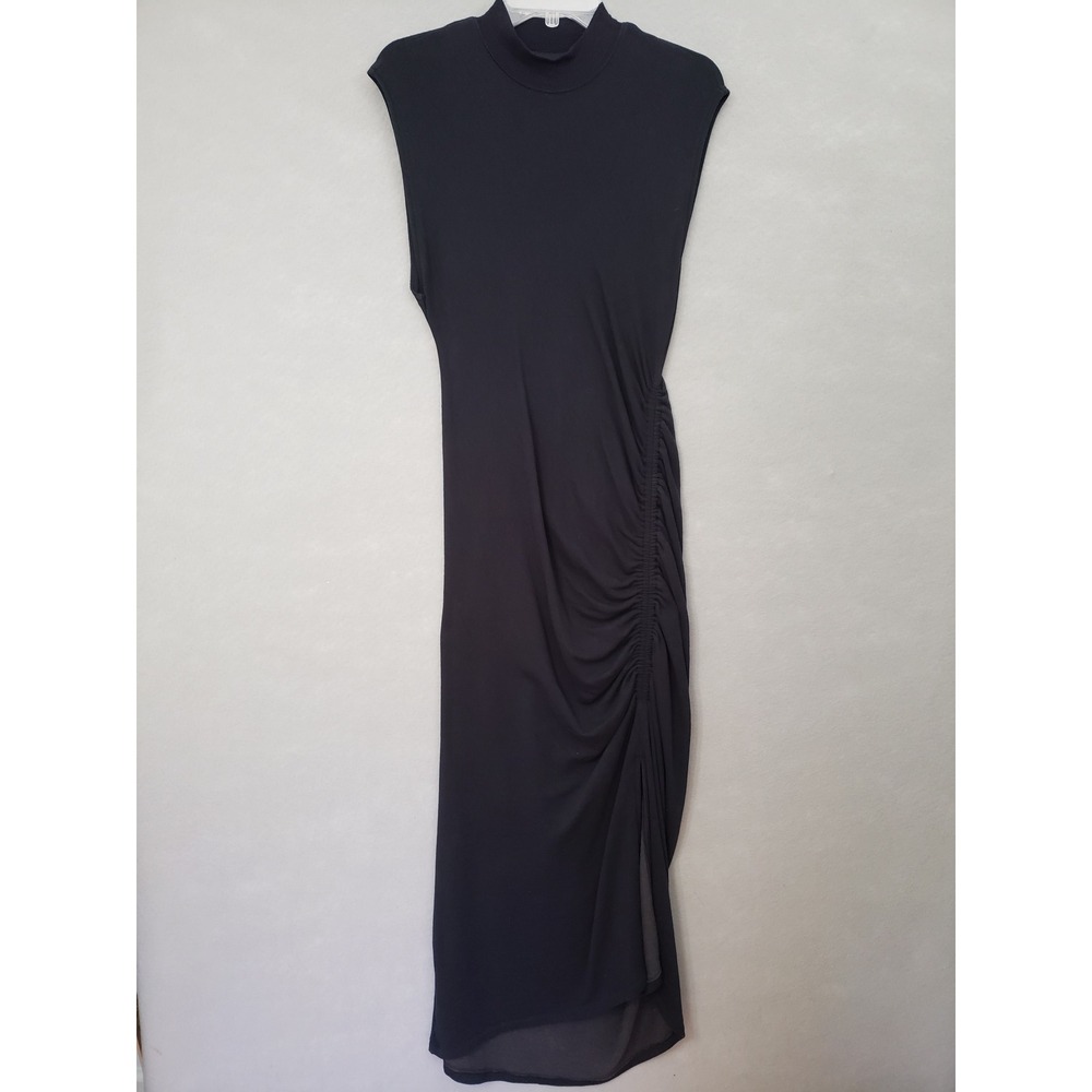Daily Practice by Anthropologie M Maxi Dress Black Ruched Mock Neck Fleece Lined